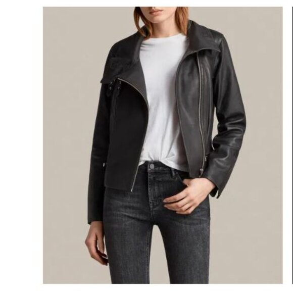 All Saints Bales Biker Black Leather Jacket Sz 8 - Picture 1 of 5